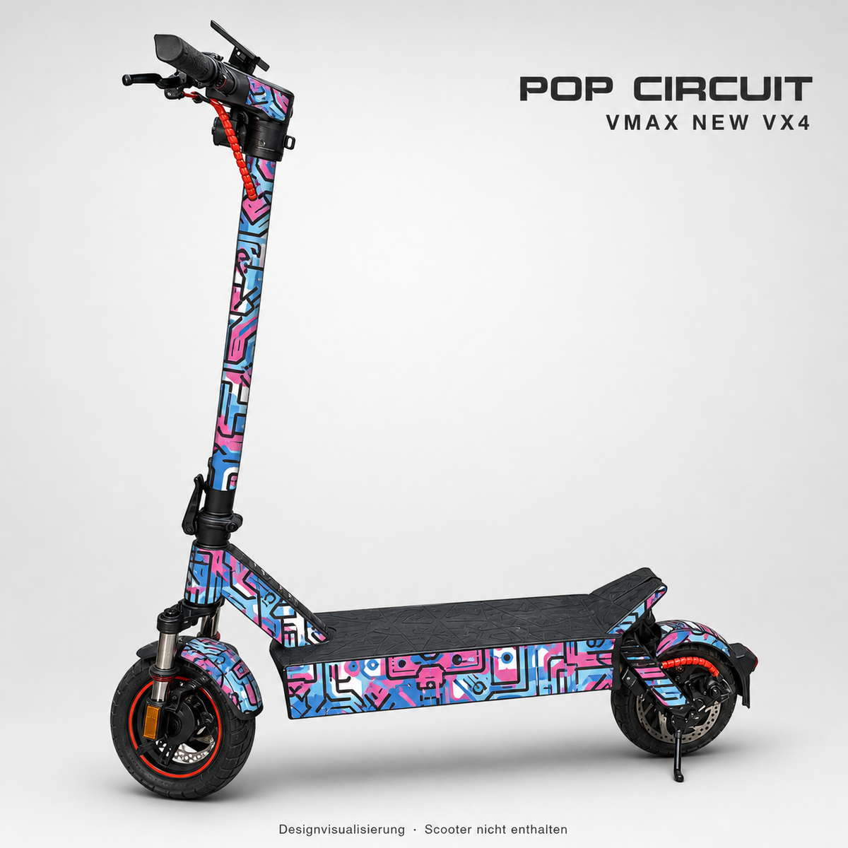 POP CIRCUIT Skin-Design in Pink, Blau, Schwarz und Weiß für den VMAX NEW VX4 – digitale Designvisualisierung; Scooter und Trittmatte nicht enthalten
