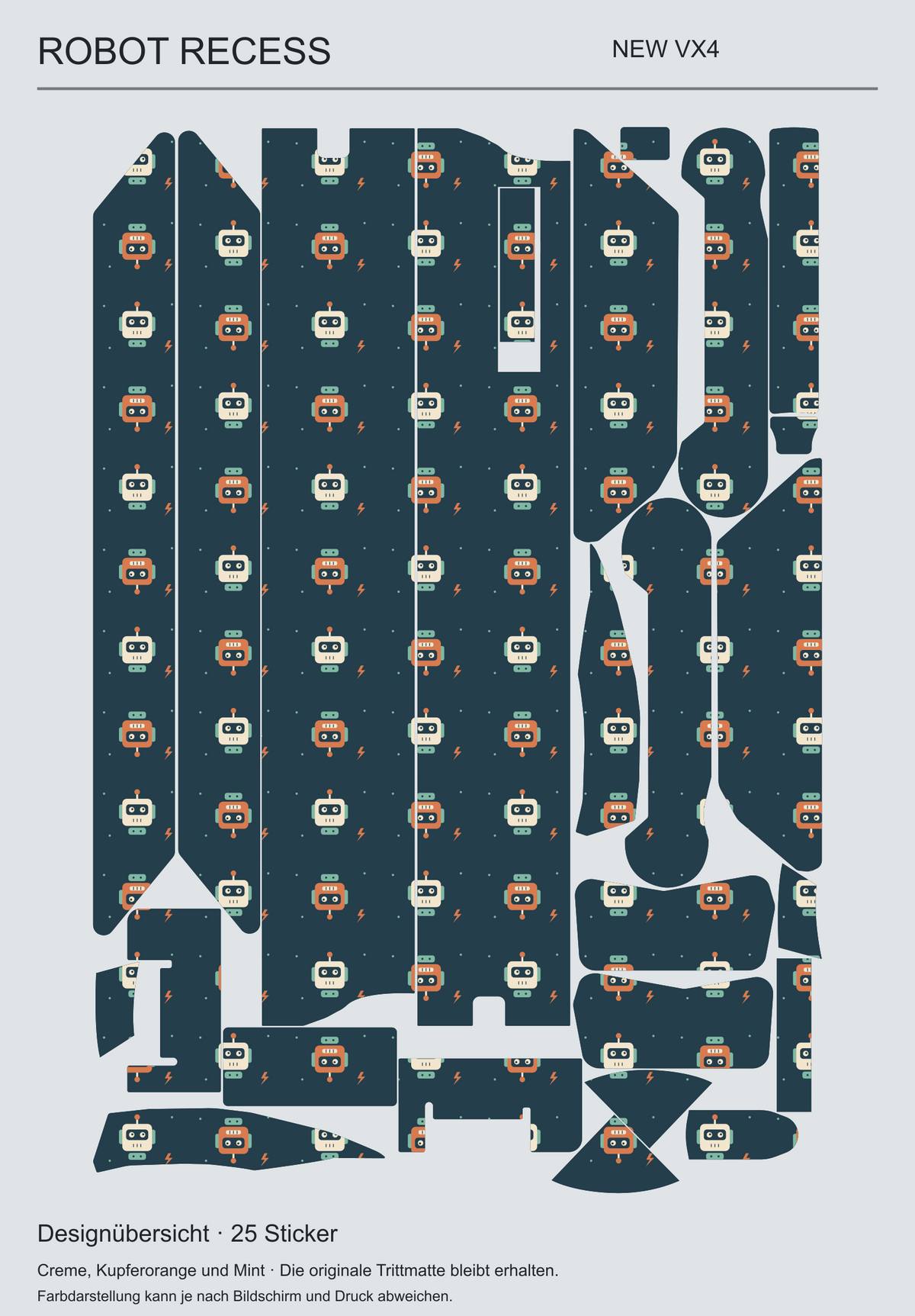 Robot Recess: tatsächliche Gestaltung aller 25 VX4-Skin-Teile mit originaler Aussparung.