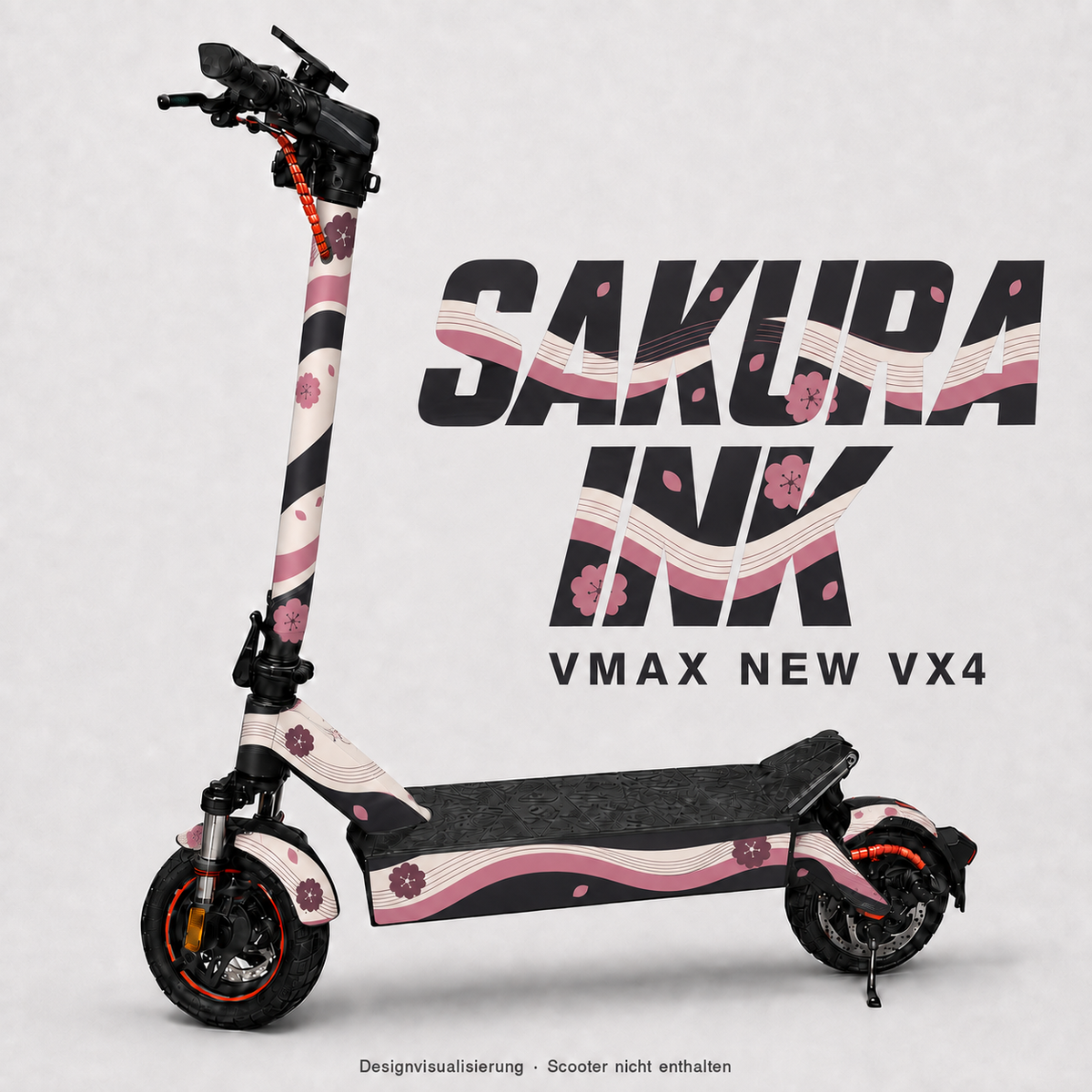 SAKURA INK Skin für VMAX NEW VX4: Kirschblüten in Altrosa und Pflaume auf Creme mit dunklen Wellenbändern – digitale Designvisualisierung, Scooter nicht enthalten