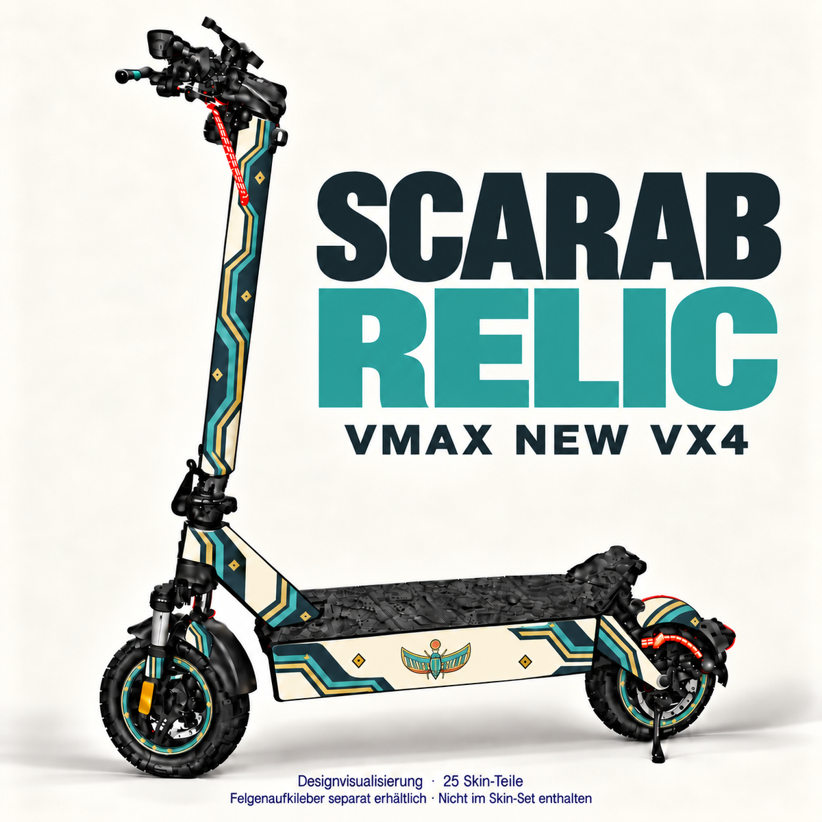 SCARAB RELIC am VMAX NEW VX4 – geflügelter Skarabäus, Türkis und Antikgold; Felgenaufkleber separat