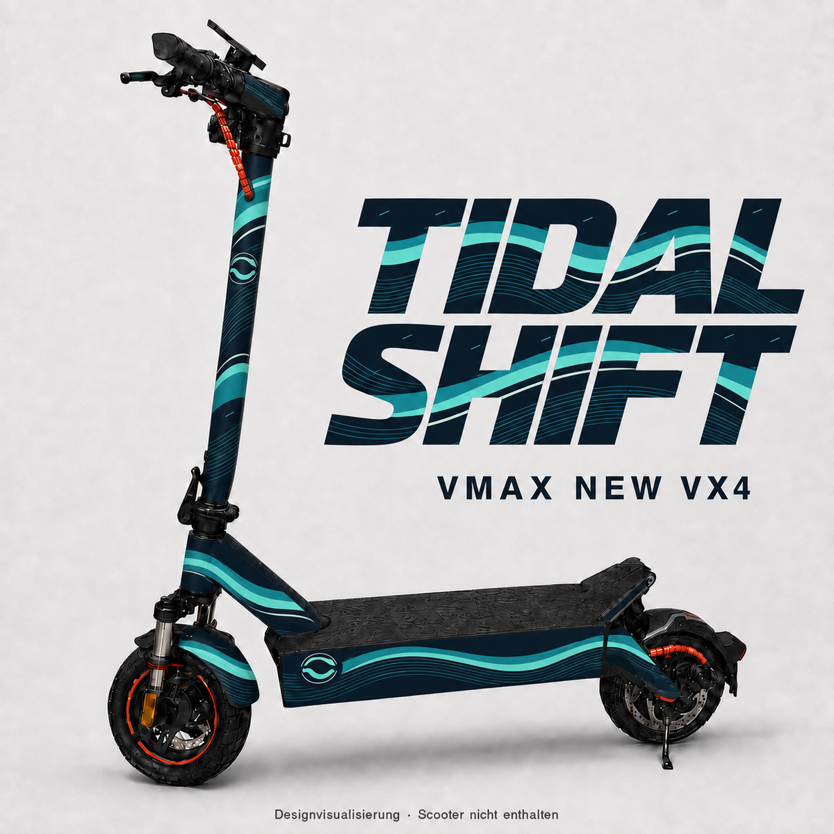 TIDAL SHIFT Skin für VMAX NEW VX4 mit Wellenbändern in Petrol und Aqua auf Marineblau – digitale Designvisualisierung, Scooter nicht enthalten