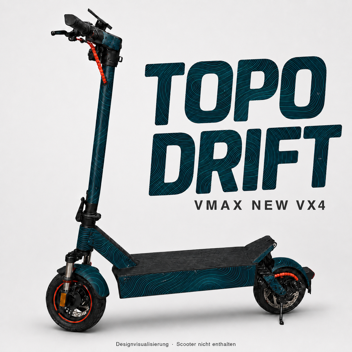 TOPO DRIFT Skin mit türkisen Höhenlinien auf dunklem Petrol für VMAX NEW VX4 – digitale Designvisualisierung; Scooter und originale Trittmatte nicht enthalten