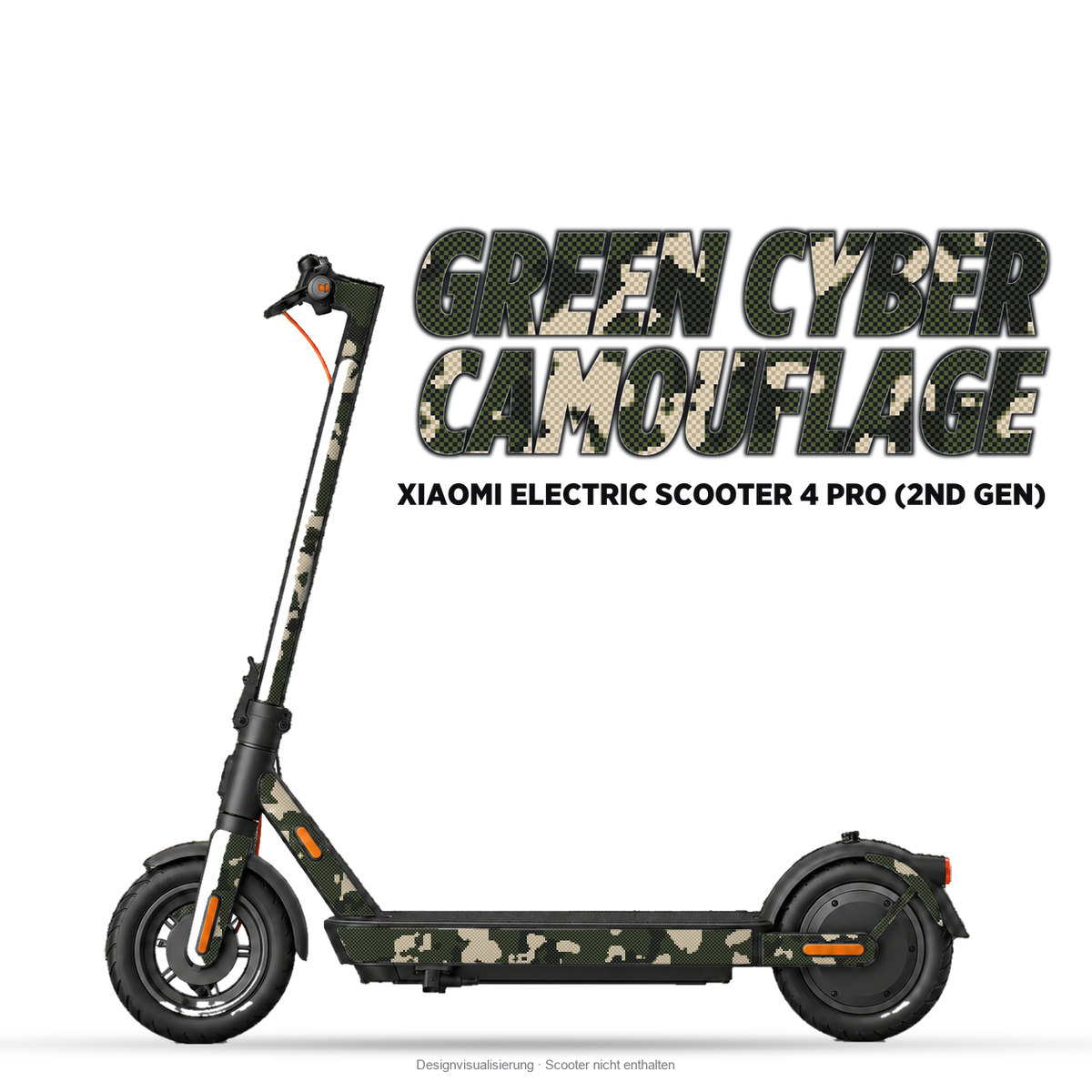 GREEN CYBER CAMOUFLAGE – Designvisualisierung am Xiaomi Electric Scooter 4 Pro (2nd Gen). Scooter nicht enthalten.