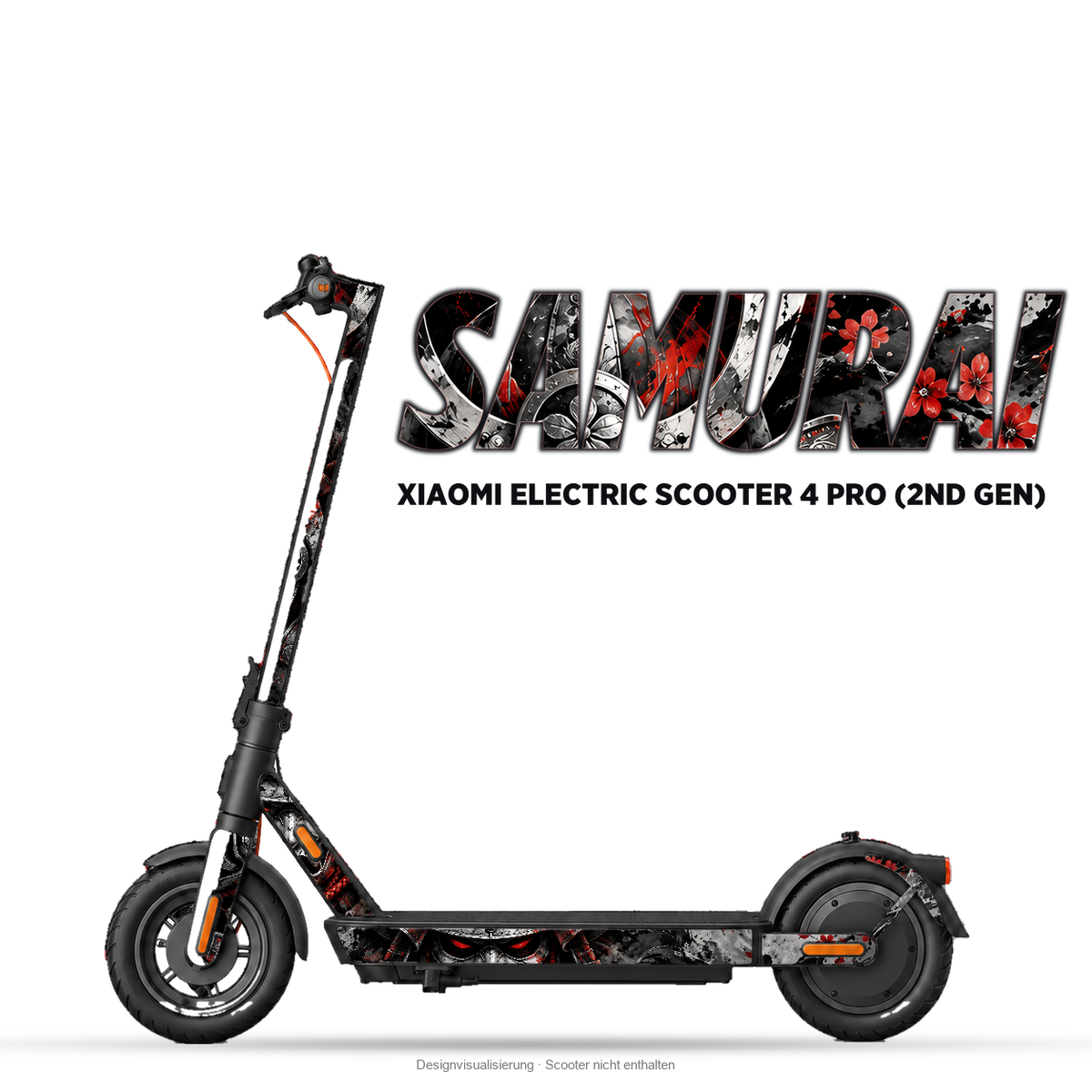 SAMURAI – Designvisualisierung am Xiaomi Electric Scooter 4 Pro (2nd Gen). Scooter nicht enthalten.