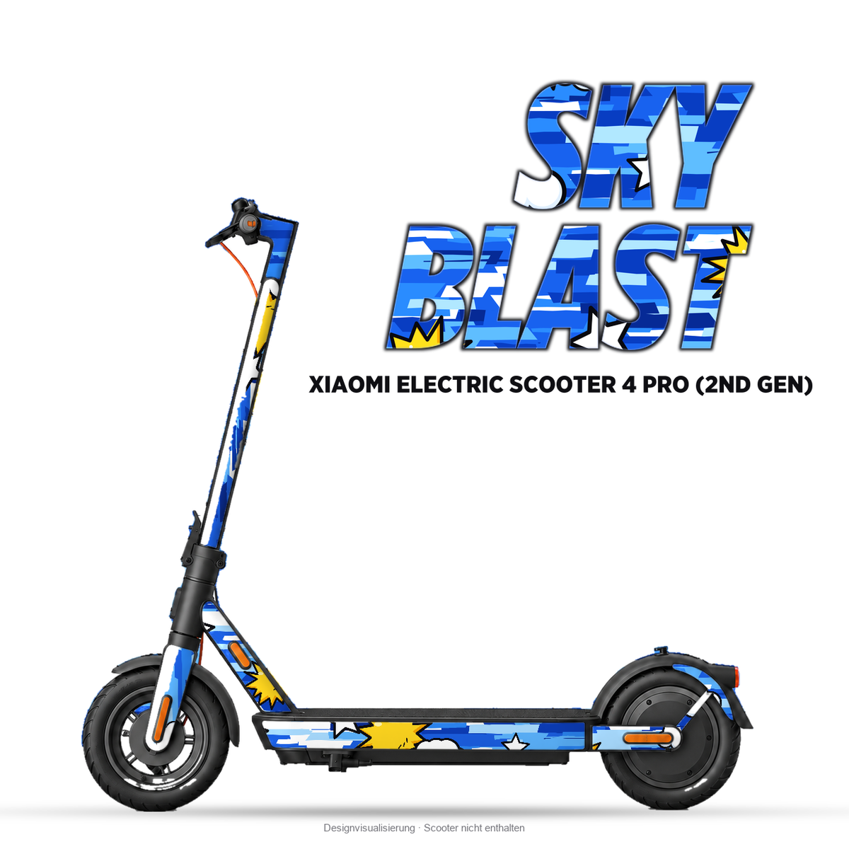SKY BLAST – Designvisualisierung am Xiaomi Electric Scooter 4 Pro (2nd Gen). Scooter nicht enthalten.