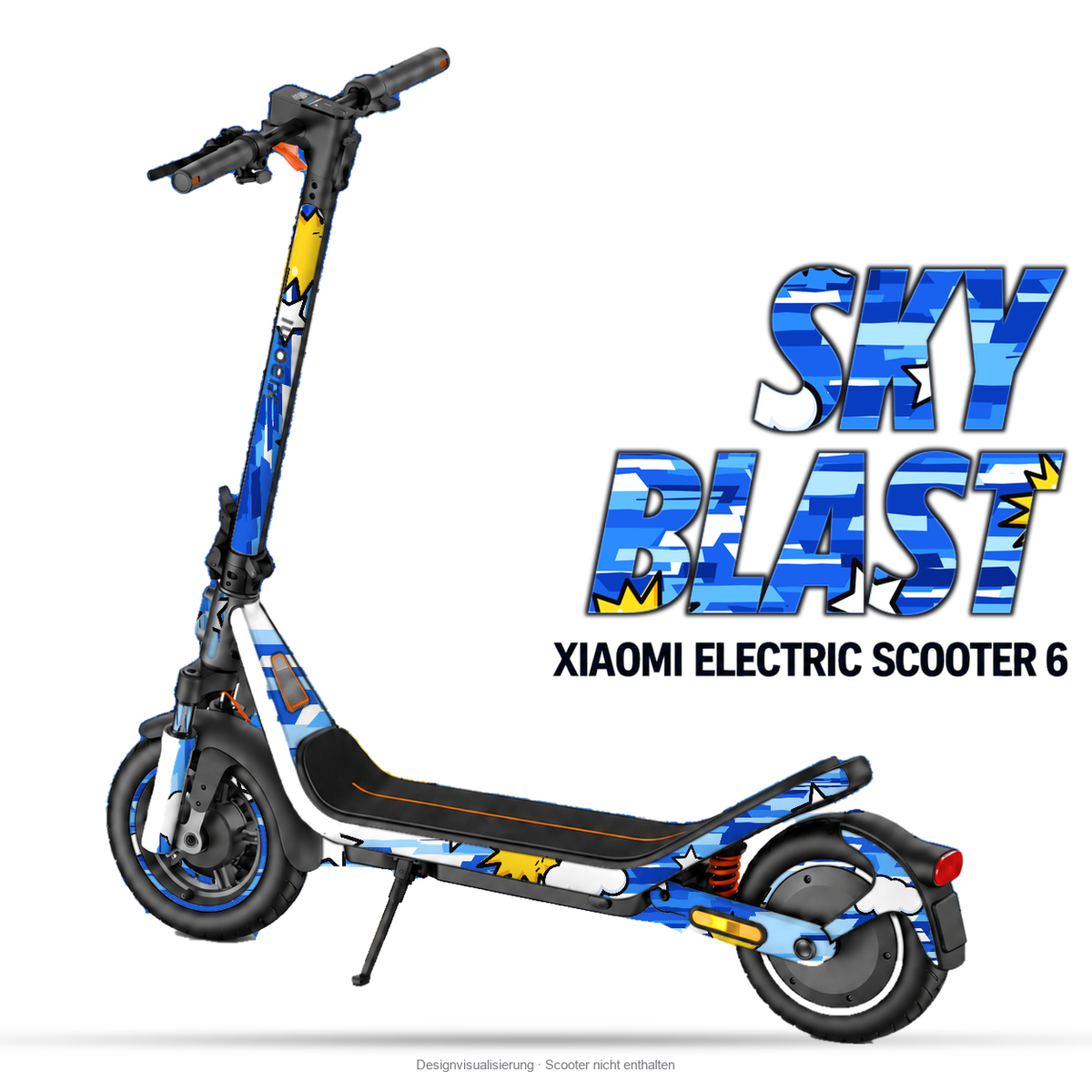 SKY BLAST – Designvisualisierung am Xiaomi Electric Scooter 6. Scooter nicht enthalten.