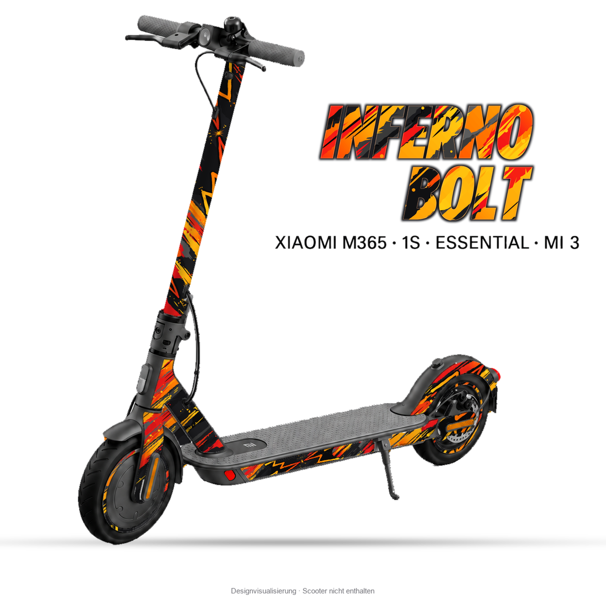 INFERNO BOLT – Designvisualisierung am Xiaomi M365 / 1S / Essential / Mi 3. Scooter nicht enthalten.
