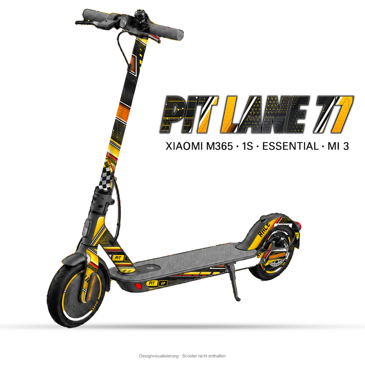 PIT LANE 77 – Designvisualisierung am Xiaomi M365 / 1S / Essential / Mi 3. Scooter nicht enthalten.