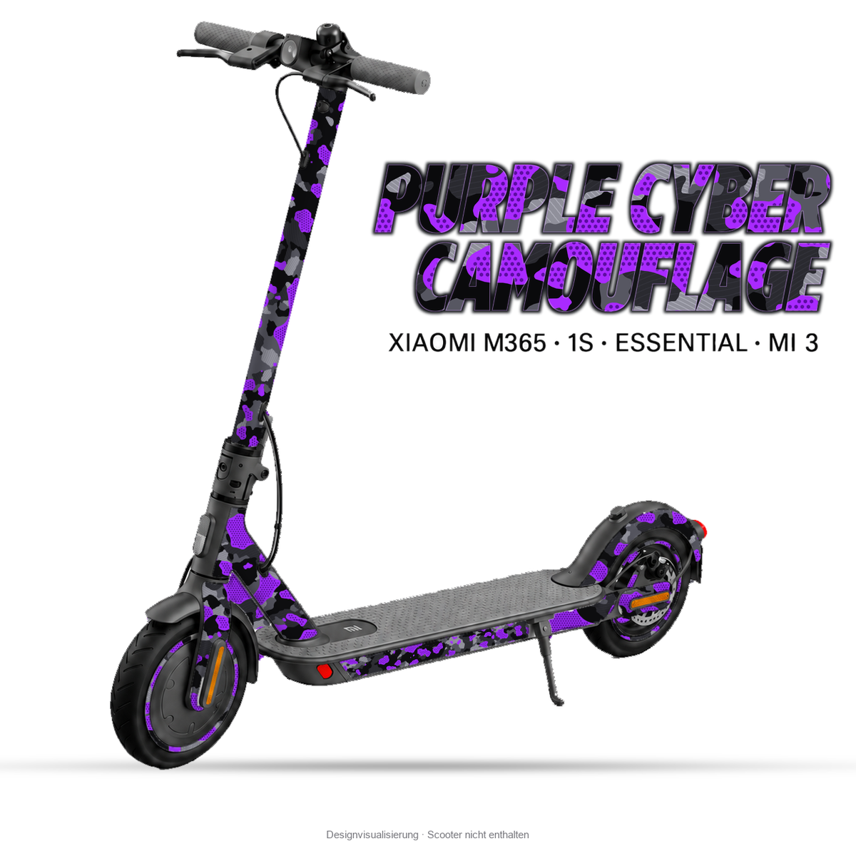 PURPLE CYBER CAMOUFLAGE – Designvisualisierung am Xiaomi M365 / 1S / Essential / Mi 3. Scooter nicht enthalten.