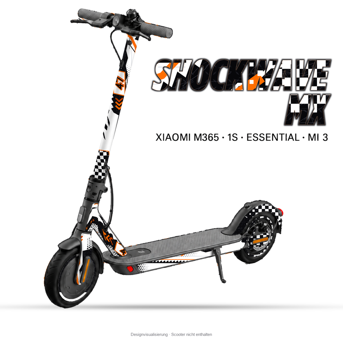 SHOCKWAVE MX – Designvisualisierung am Xiaomi M365 / 1S / Essential / Mi 3. Scooter nicht enthalten.