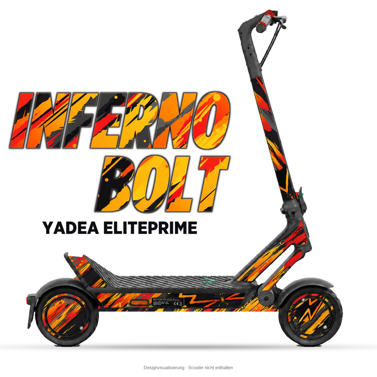 INFERNO BOLT – Designvisualisierung am Yadea ElitePrime. Scooter nicht enthalten.