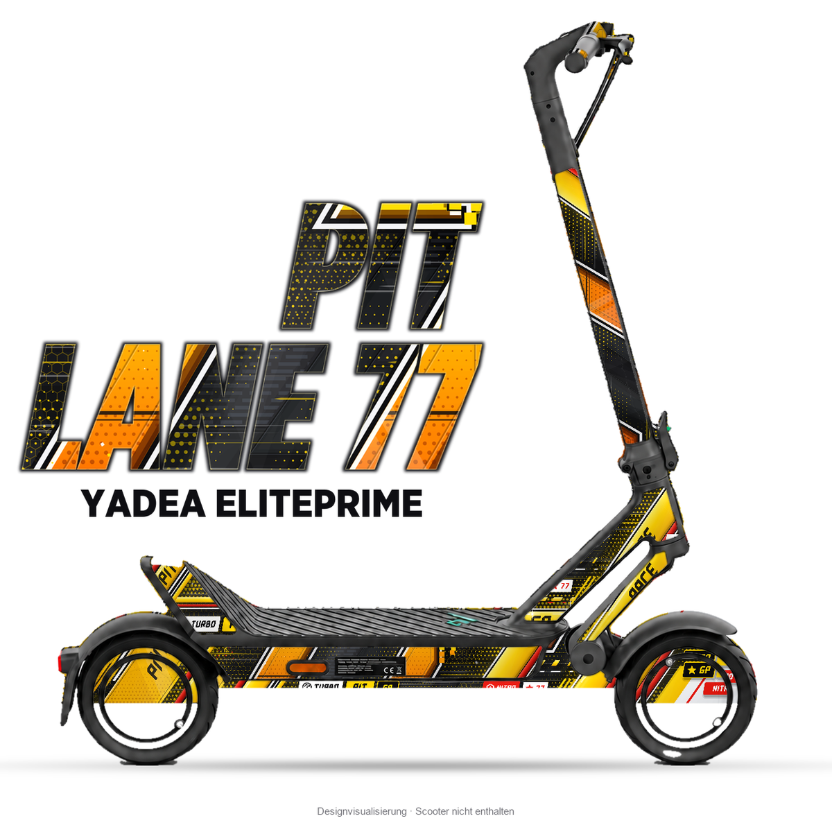 PIT LANE 77 – Designvisualisierung am Yadea ElitePrime. Scooter nicht enthalten.