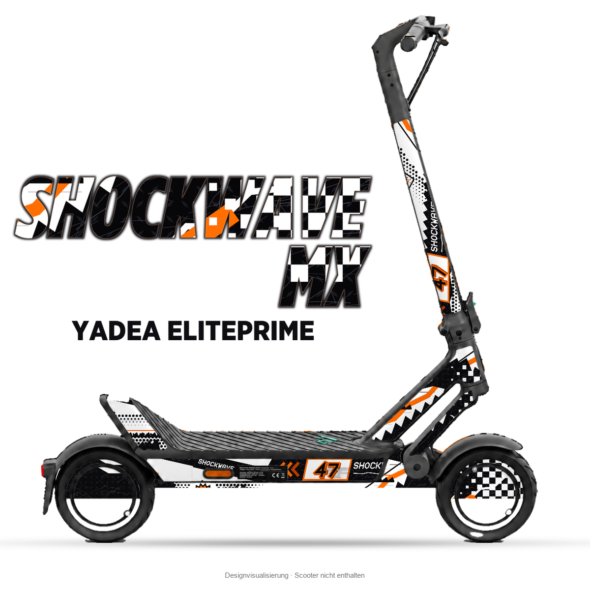 SHOCKWAVE MX – Designvisualisierung am Yadea ElitePrime. Scooter nicht enthalten.