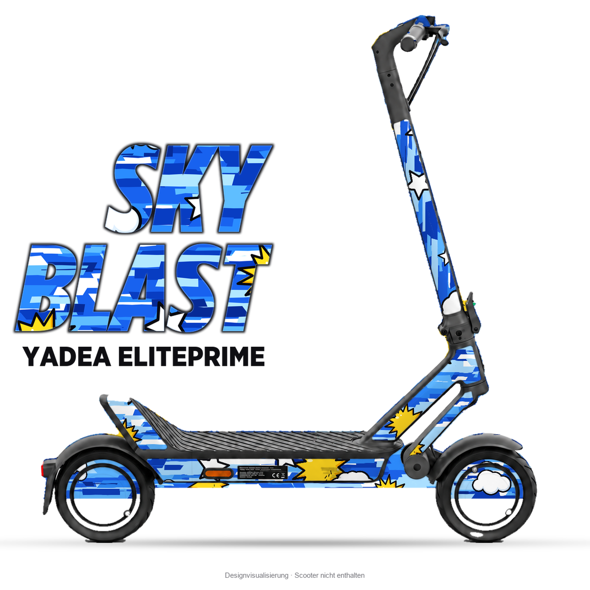 SKY BLAST – Designvisualisierung am Yadea ElitePrime. Scooter nicht enthalten.