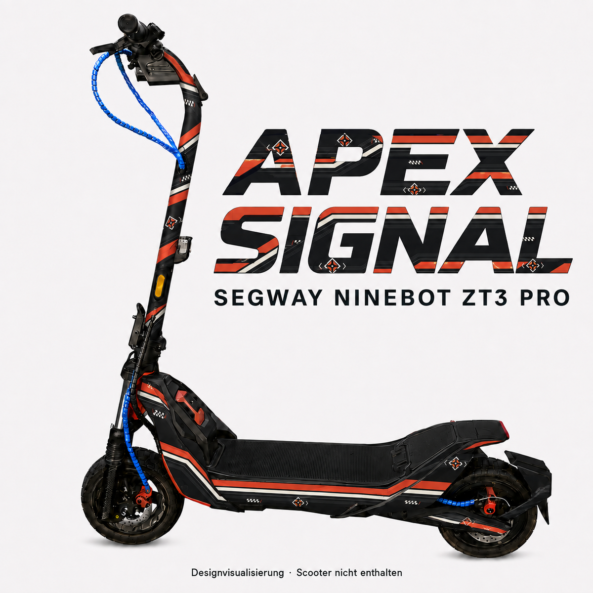 APEX SIGNAL Skin für Segway Ninebot ZT3 Pro – Graphit mit korallroten und warmweißen Racing-Streifen, eigenem Signal-Emblem und Schachbrettdetails. Digitale Designvisualisierung; Scooter nicht enthalten.