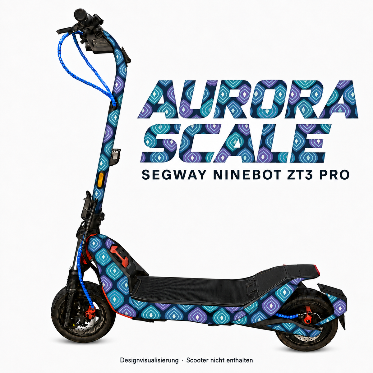 AURORA SCALE Skin für Segway Ninebot ZT3 Pro: türkis-blaue und lavendelfarbene Schuppenornamente auf Marineblau – digitale Designvisualisierung, Scooter nicht enthalten
