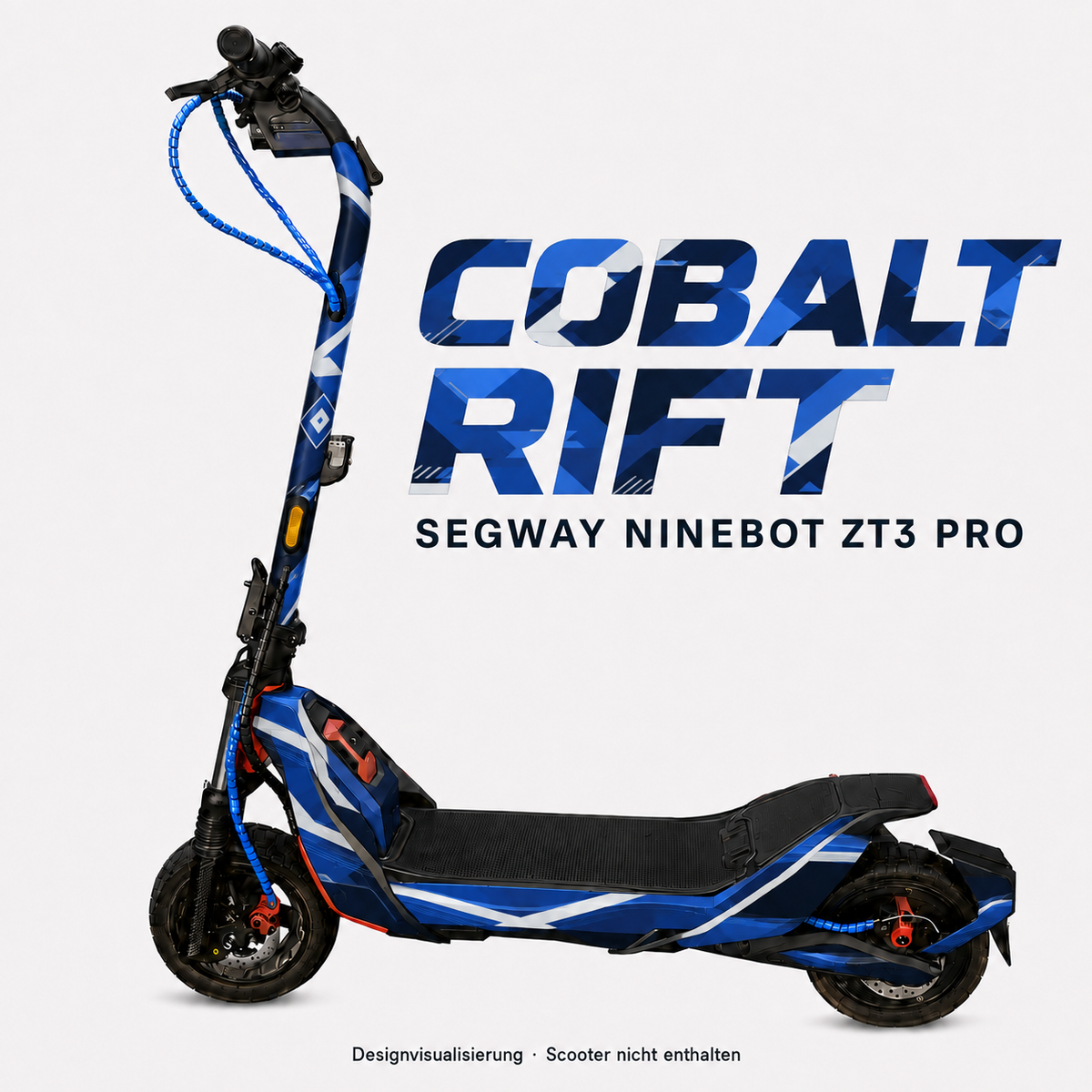 COBALT RIFT Skin für Segway Ninebot ZT3 Pro in Kobaltblau und Marineblau mit hellen Zickzacklinien – digitale Designvisualisierung, Scooter nicht enthalten