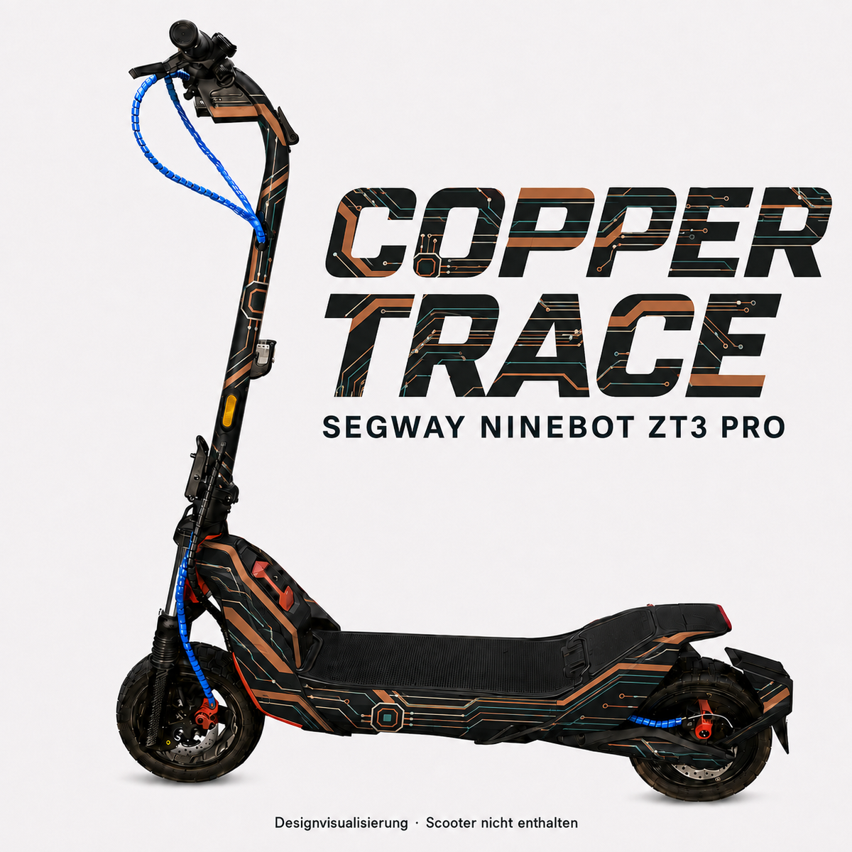 COPPER TRACE Skin für Segway Ninebot ZT3 Pro: kupferfarbene Leiterbahnen auf Anthrazit – digitale Designvisualisierung, Scooter nicht enthalten