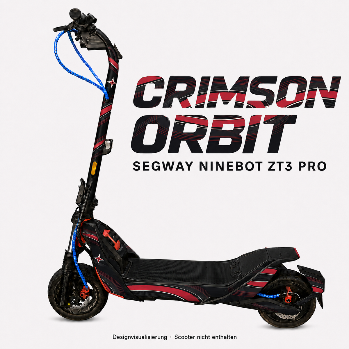 CRIMSON ORBIT Skin für Segway Ninebot ZT3 Pro – karminrote Bögen, helle Konturen und eigenes Orbit-Emblem auf Schwarz; digitale Designvisualisierung