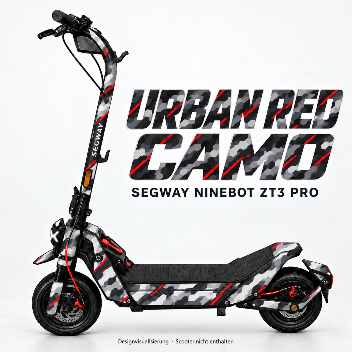 SEGWAY NINEBOT ZT3 SKIN | URBAN RED CAMO – Designvisualisierung am passenden Scooter. Scooter nicht enthalten.