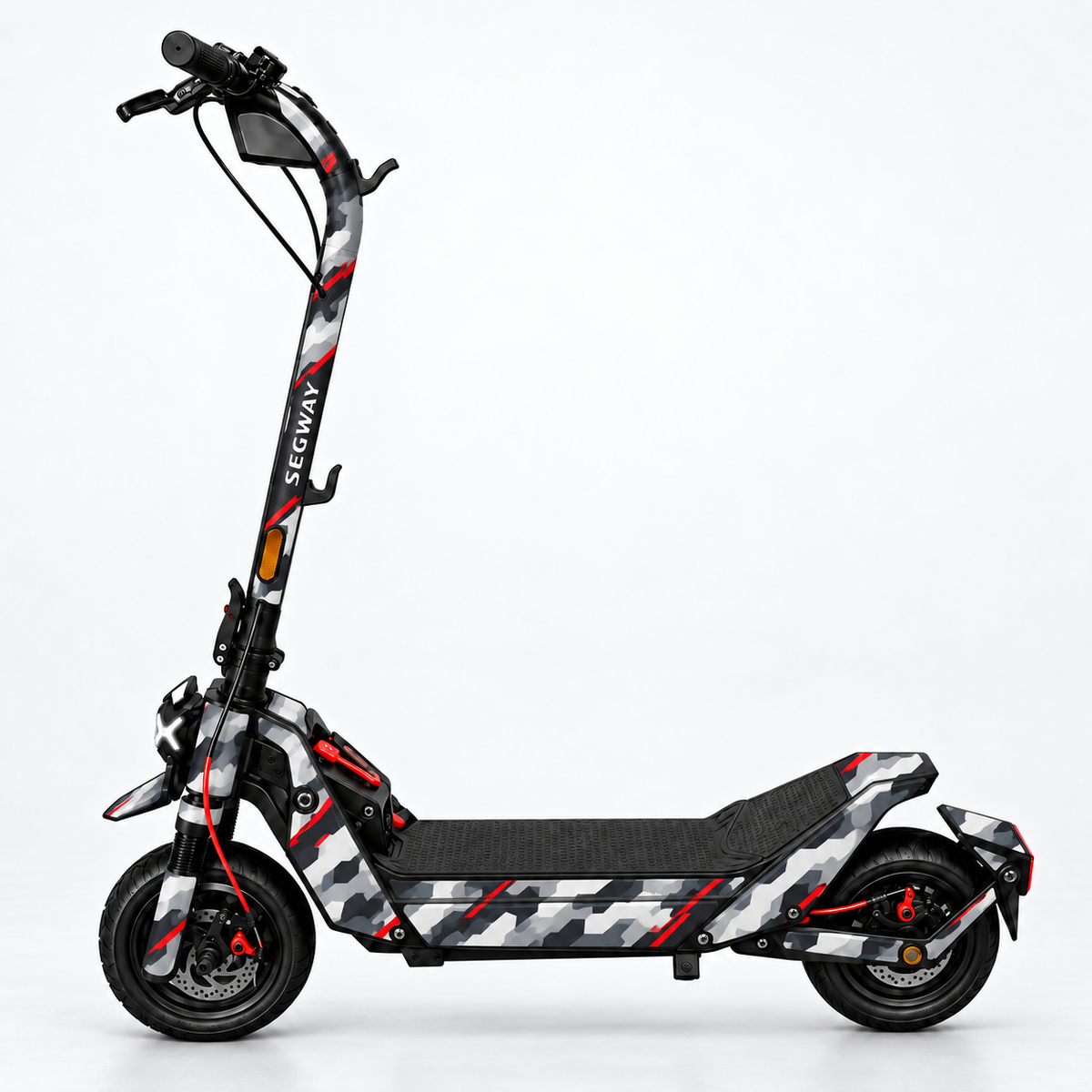 Urban Red Camo – Designvisualisierung des montierten Skins am Segway Ninebot ZT3. Scooter nicht enthalten.