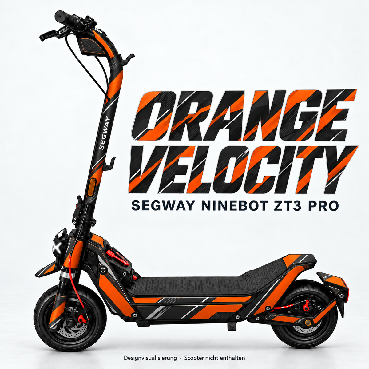 SEGWAY NINEBOT ZT3 SKIN | ORANGE VELOCITY – Designvisualisierung am passenden Scooter. Scooter nicht enthalten.