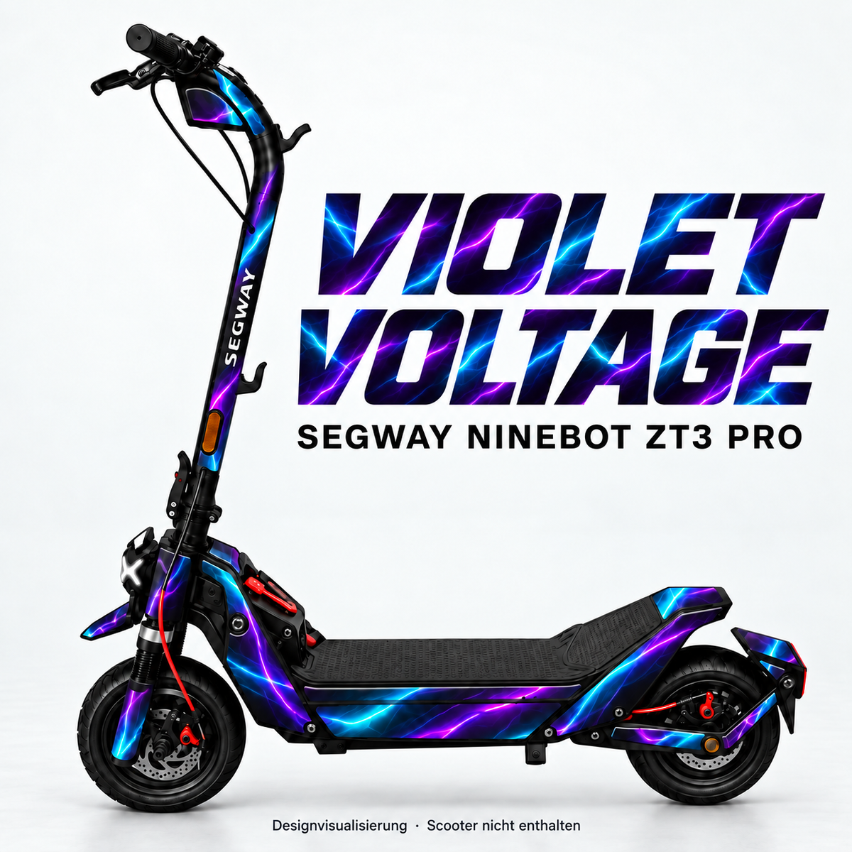 SEGWAY NINEBOT ZT3 SKIN | VIOLET VOLTAGE – Designvisualisierung am passenden Scooter. Scooter nicht enthalten.