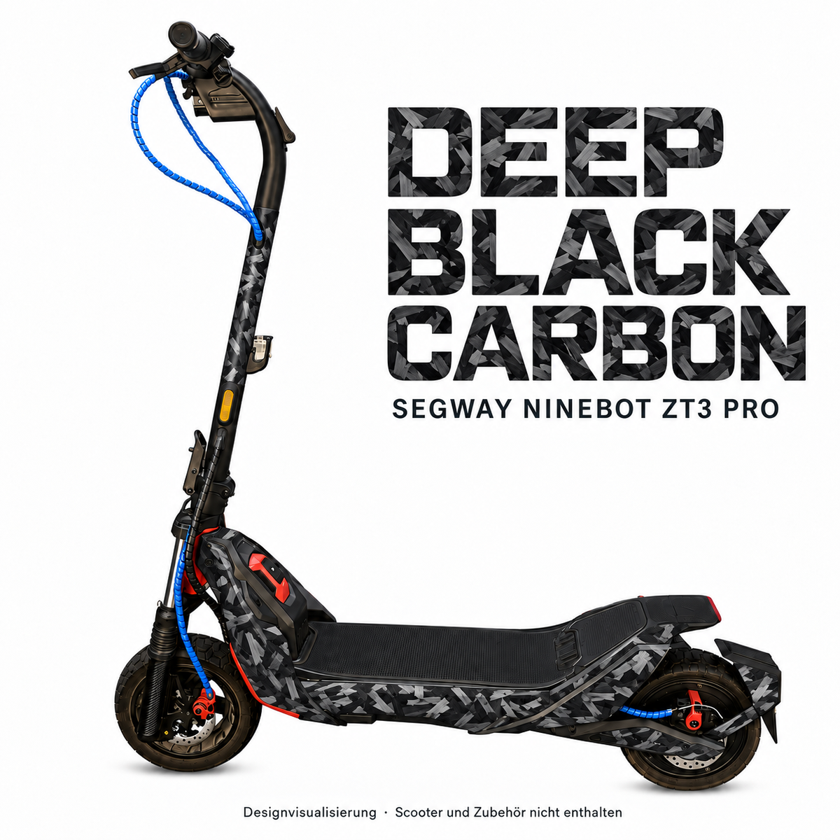 Deep Black Carbon für Segway Ninebot ZT3 Pro: digitale Materialvisualisierung in Schwarz und Silbergrau; originale Trittmatte bleibt erhalten, Scooter und Zubehör nicht enthalten.