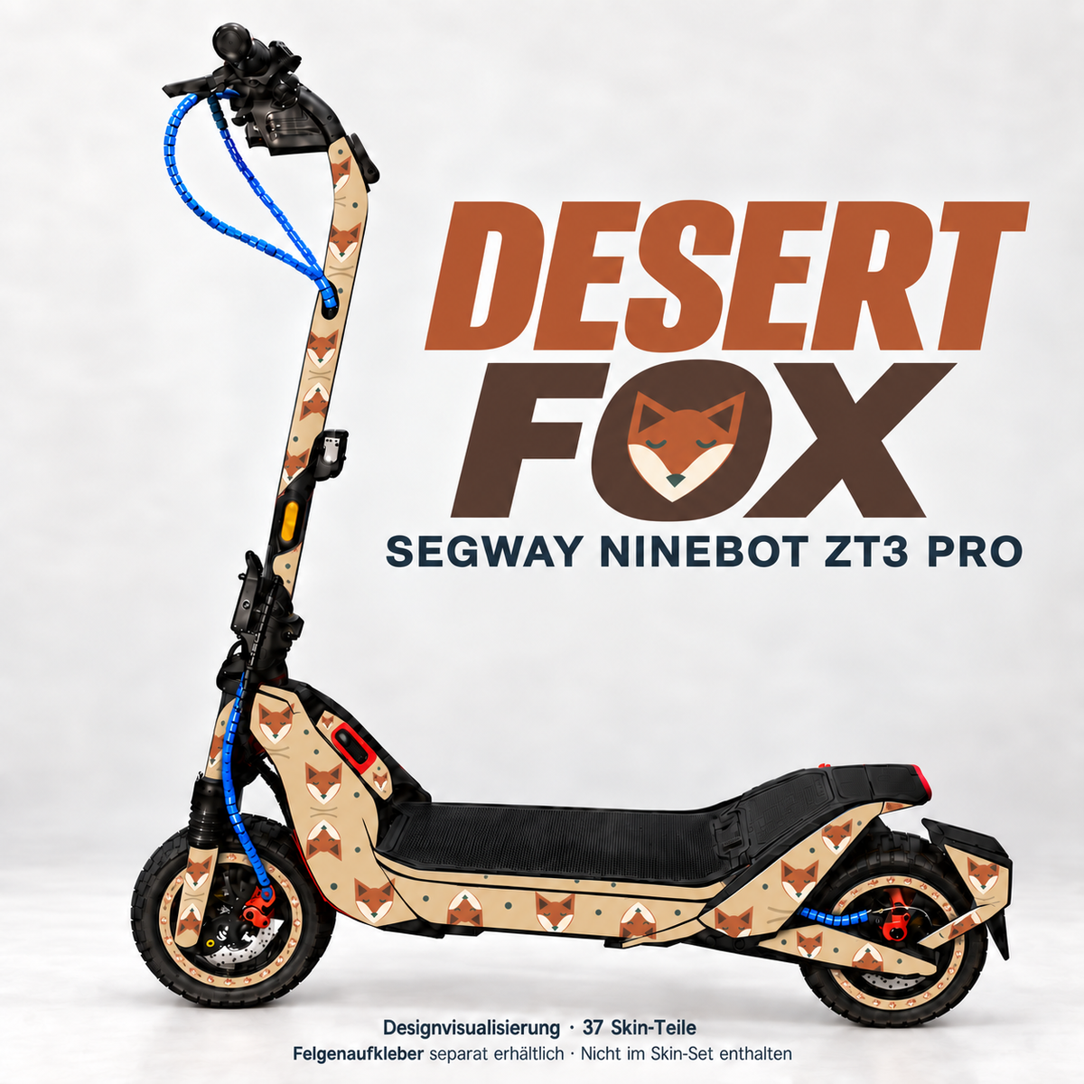 Desert Fox auf Segway Ninebot ZT3 Pro: rostorange Füchse mit cremefarbenen Wangen auf Sand. Originaltrittmatte erhalten; passende Felgen separat.