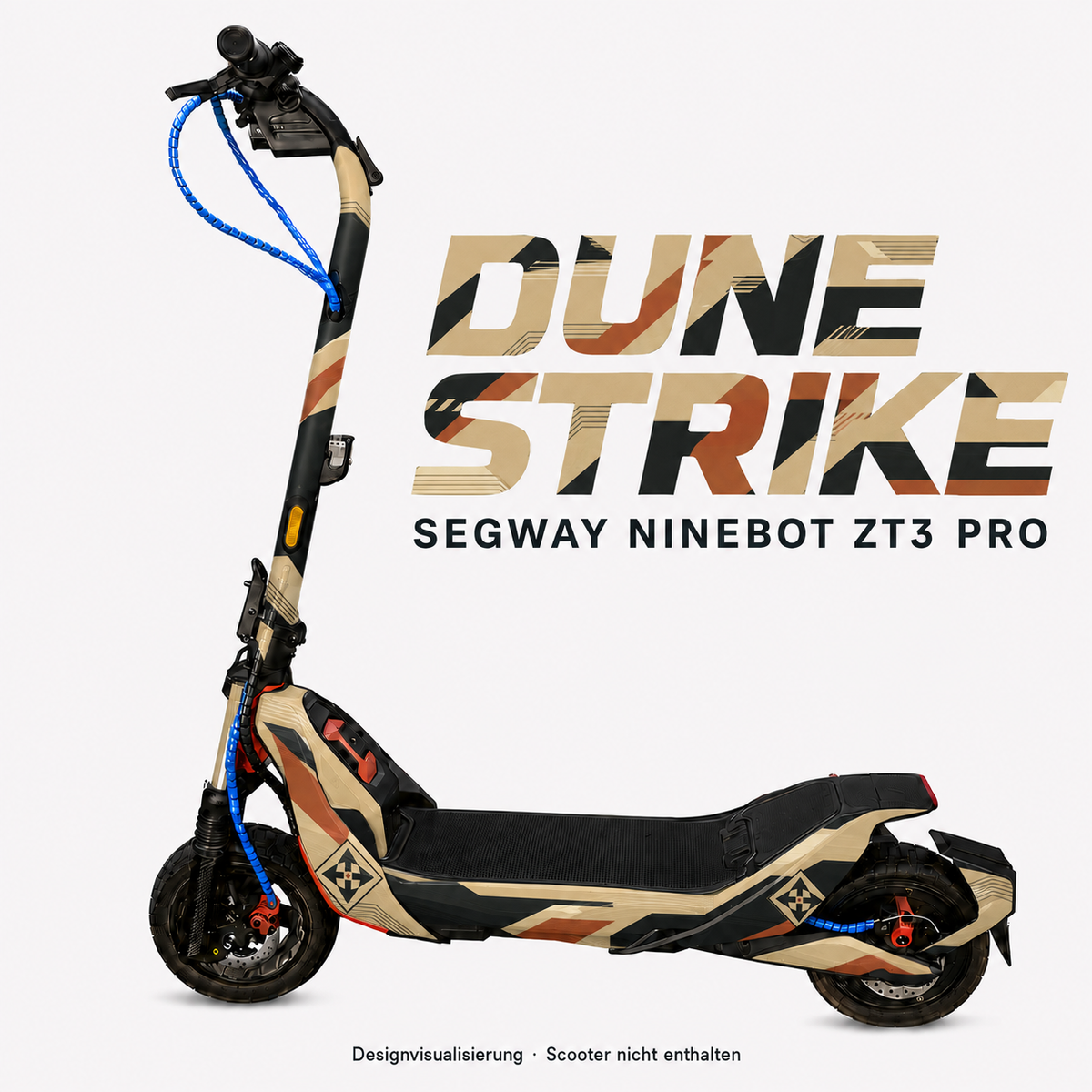 DUNE STRIKE Skin für Segway Ninebot ZT3 Pro in Sandbeige, Anthrazit und Kupferbraun mit kantigem Rallye-Muster – digitale Designvisualisierung, Scooter nicht enthalten