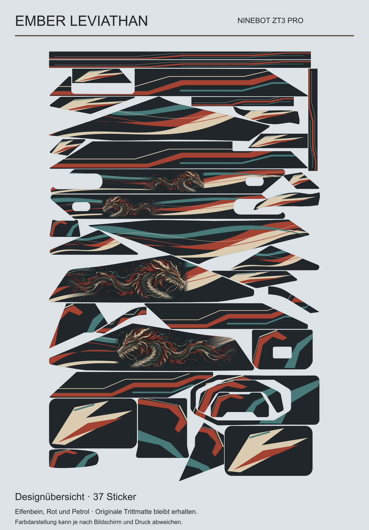 Tatsächliche Gestaltung der 37 Ember-Leviathan-Skinteile für ZT3 Pro. Vier ausgesparte Öffnungen und gezielt platzierte Illustrationen.