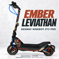 Ember Leviathan für Ninebot ZT3 Pro: detaillierte Drachenillustration auf Front und Lenksäule, Elfenbein, Rot und Petrol. Felgenaufkleber separat.