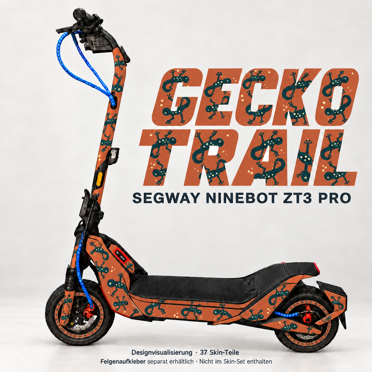 Gecko Trail am Ninebot ZT3 Pro – petrolfarbene Geckos und Sandpunkte auf Terrakotta. Originale schwarze Trittmatte bleibt, Felgen separat.