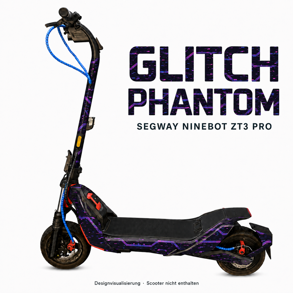 GLITCH PHANTOM Skin in Schwarz mit violetten, magentafarbenen und blauen Fragmenten für Segway Ninebot ZT3 Pro – digitale Designvisualisierung; Scooter, Kabelschutz und Trittmatte nicht enthalten