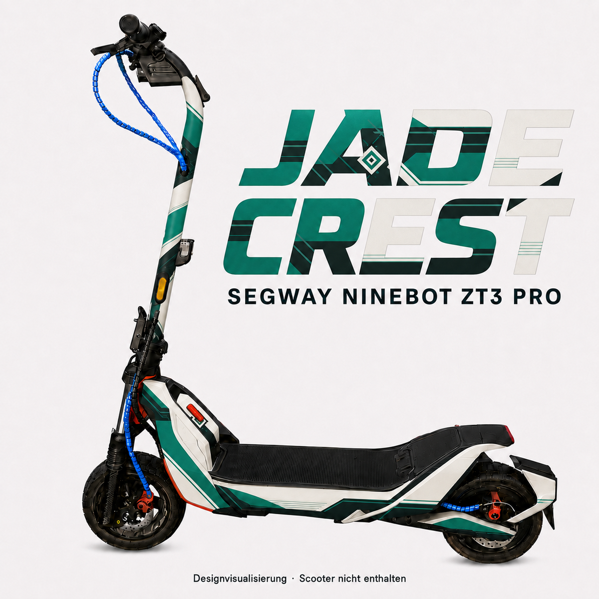JADE CREST Skin für Segway Ninebot ZT3 Pro – jadegrüne und schwarze Winkelbänder auf Elfenbein mit eigenem Rauten-Emblem; digitale Designvisualisierung