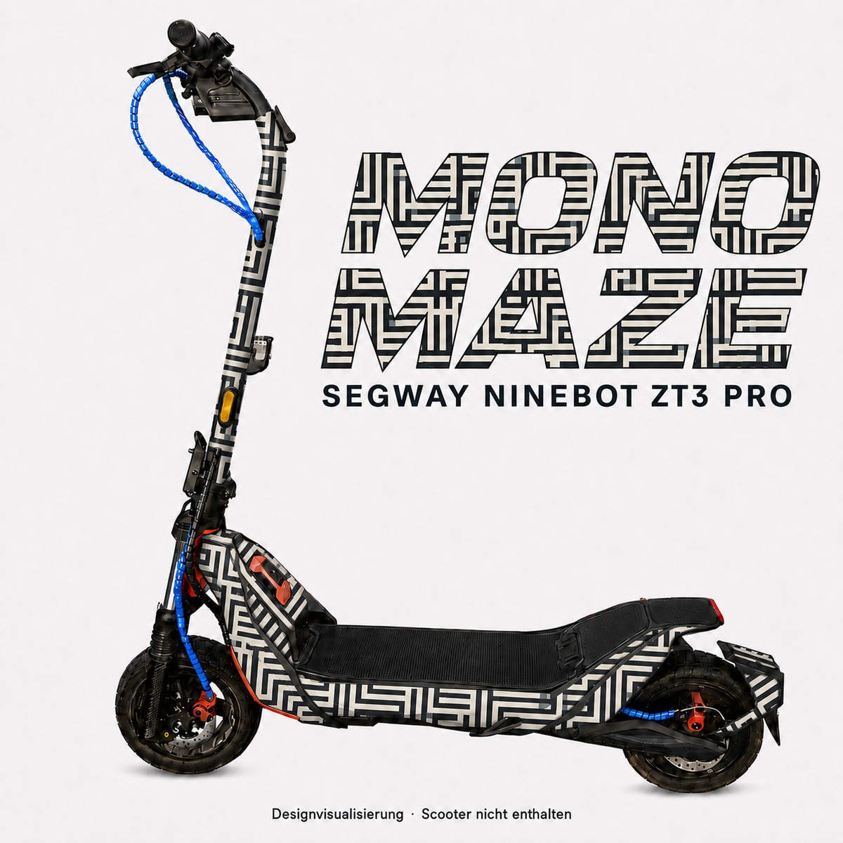 MONO MAZE Skin für Segway Ninebot ZT3 Pro: elfenbeinfarbene Labyrinthlinien auf Anthrazit – digitale Designvisualisierung, Scooter nicht enthalten