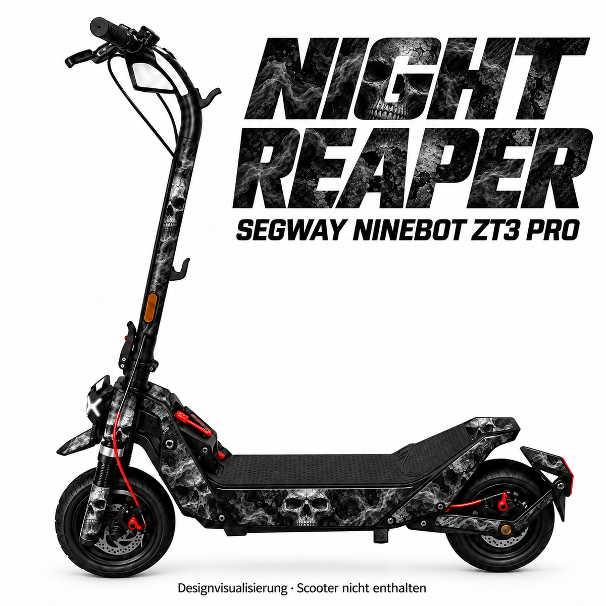 NIGHT REAPER – Designvisualisierung am Segway Ninebot ZT3 Pro. Scooter nicht enthalten.