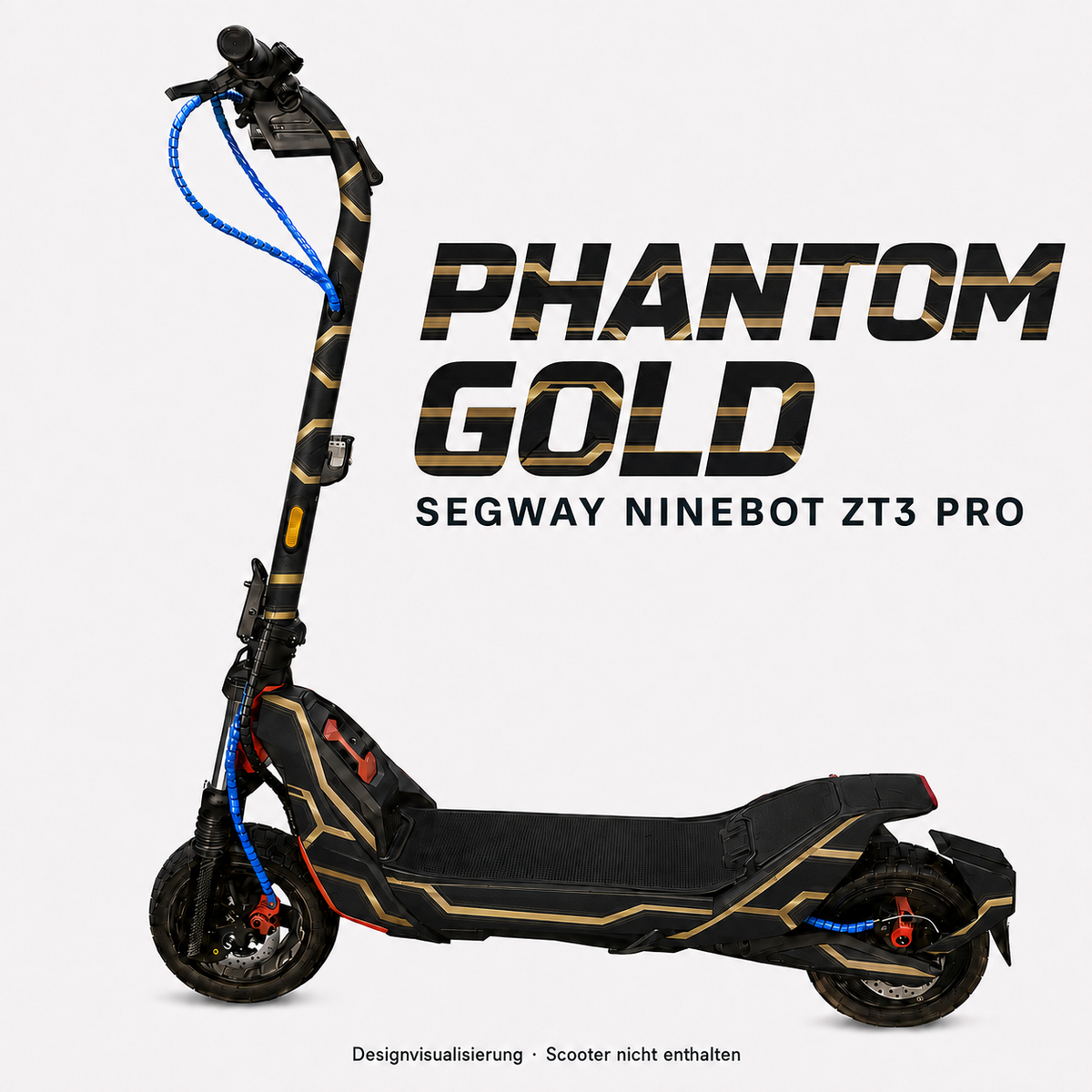 PHANTOM GOLD Skin für Segway Ninebot ZT3 Pro – goldfarbene Winkelbänder und feine Konturen auf schwarzem Grund; digitale Designvisualisierung