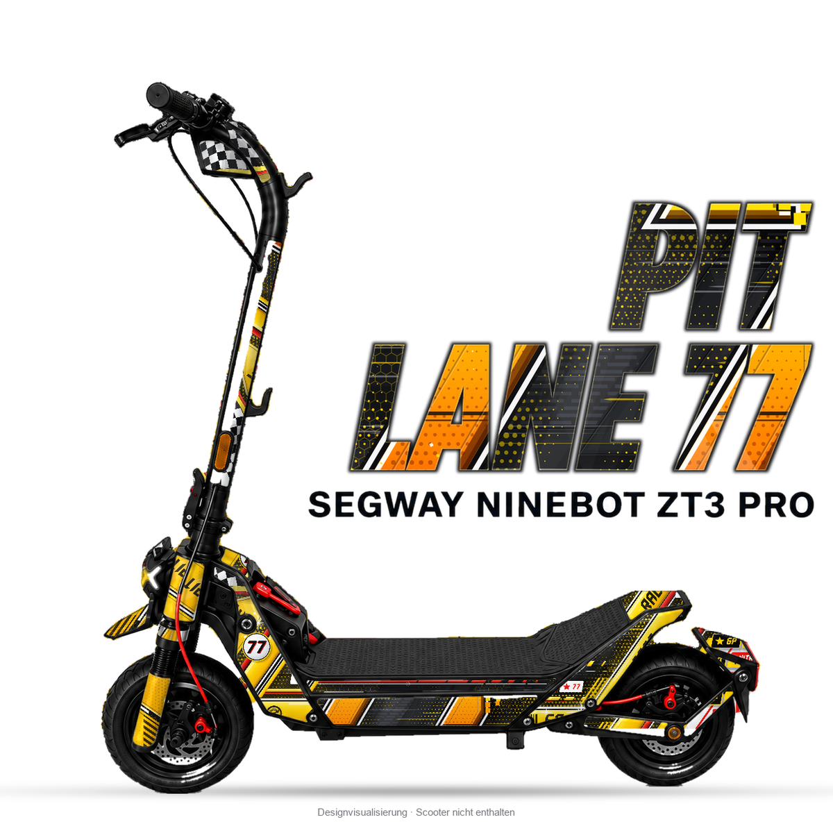PIT LANE 77 – Designvisualisierung am Segway Ninebot ZT3 Pro. Scooter nicht enthalten.