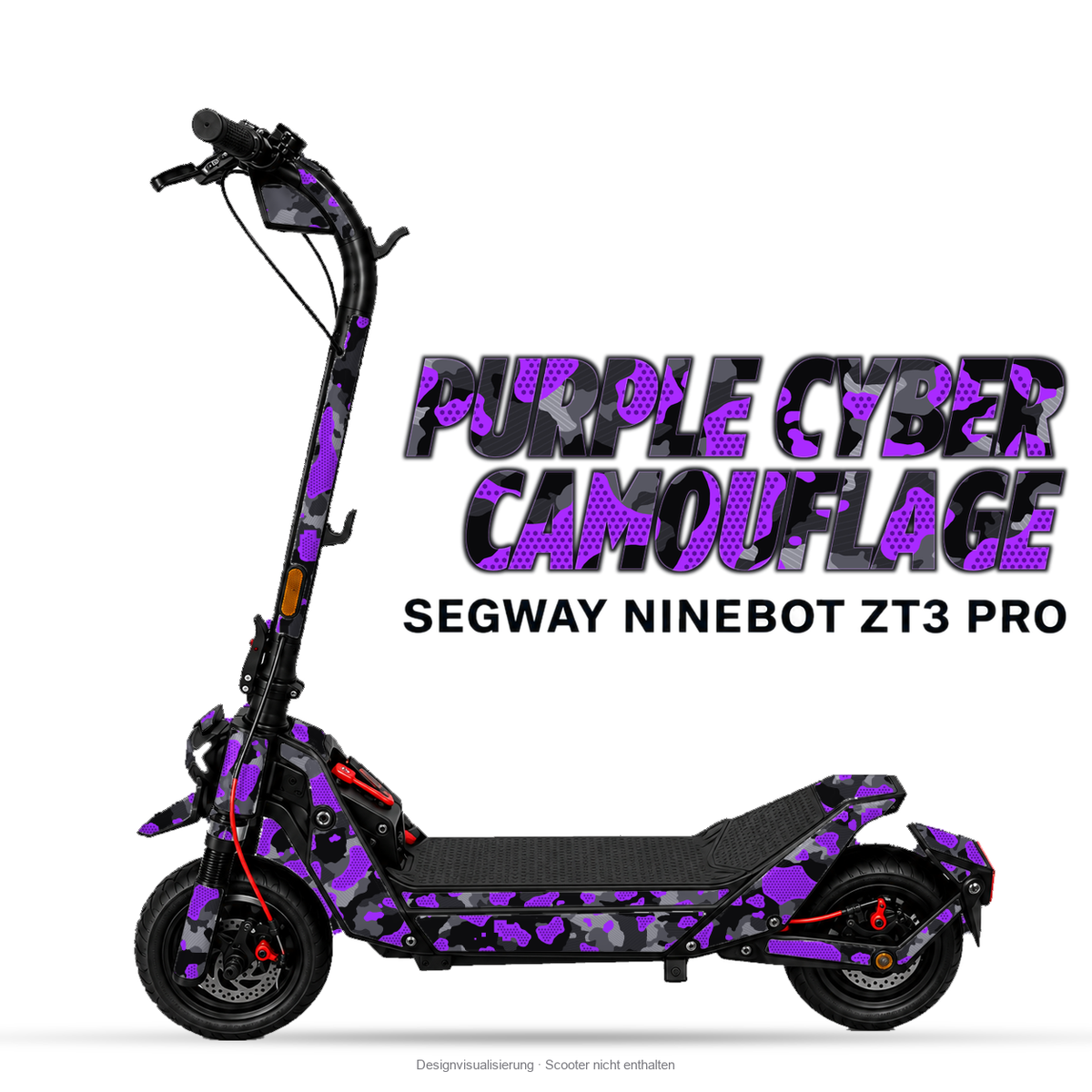 PURPLE CYBER CAMOUFLAGE – Designvisualisierung am Segway Ninebot ZT3 Pro. Scooter nicht enthalten.