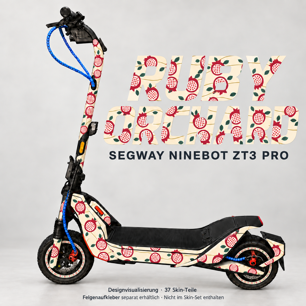Ruby Orchard für Ninebot ZT3 Pro – Granatapfelmotive in Rubinrot mit grünen Blättern auf Creme. Felgenaufkleber separat, nicht im Skin enthalten.
