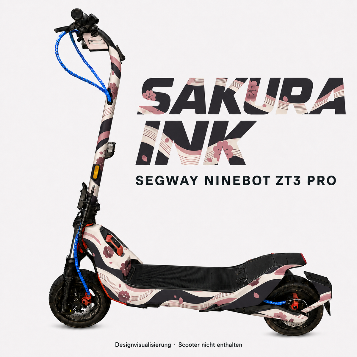 SAKURA INK Skin für Segway Ninebot ZT3 Pro: Kirschblüten in Altrosa und Pflaume auf Creme mit dunklen Wellenbändern – digitale Designvisualisierung, Scooter nicht enthalten