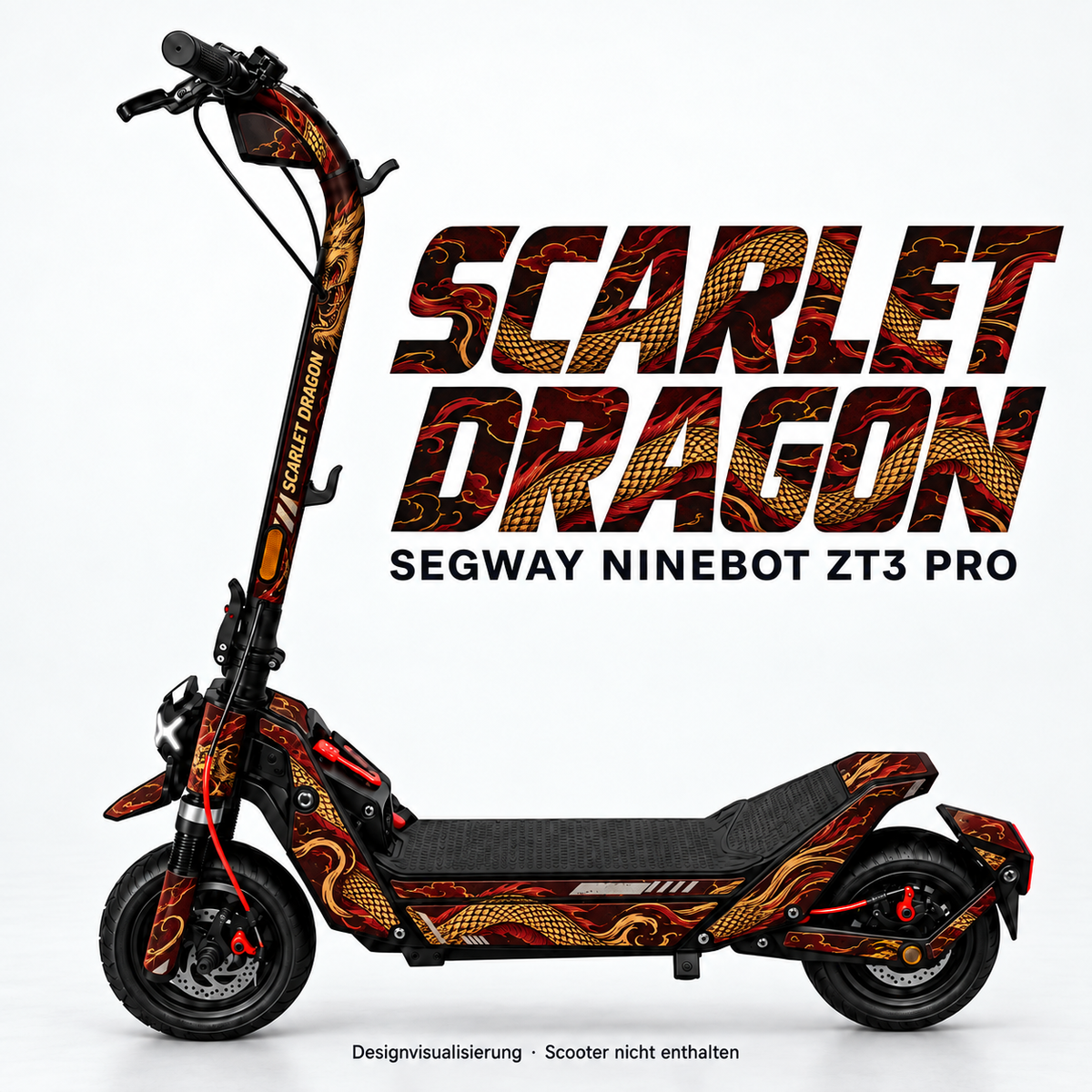 SEGWAY NINEBOT ZT3 SKIN | SCARLET DRAGON – Designvisualisierung am passenden Scooter. Scooter nicht enthalten.