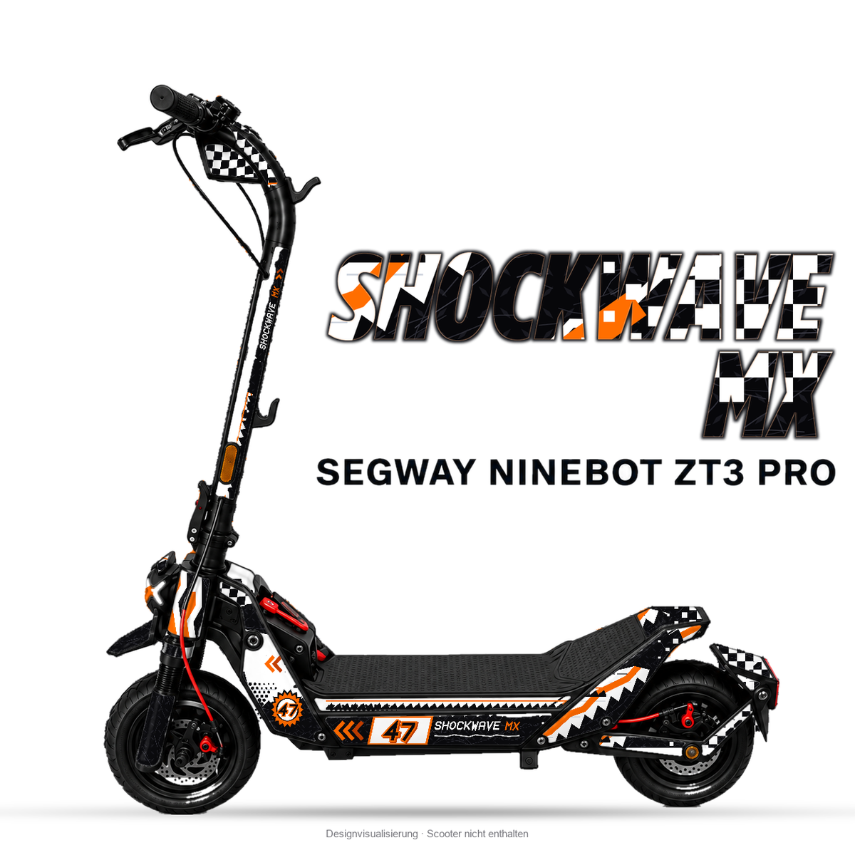 SHOCKWAVE MX – Designvisualisierung am Segway Ninebot ZT3 Pro. Scooter nicht enthalten.