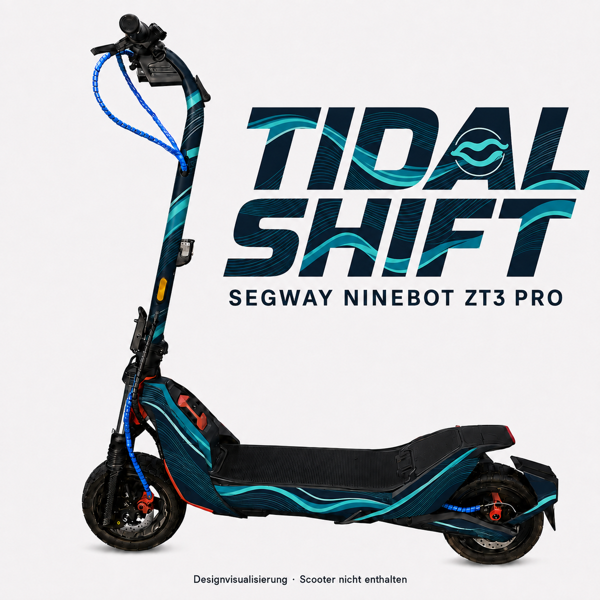 TIDAL SHIFT Skin für Segway Ninebot ZT3 Pro mit Wellenbändern in Petrol und Aqua auf Marineblau – digitale Designvisualisierung, Scooter nicht enthalten