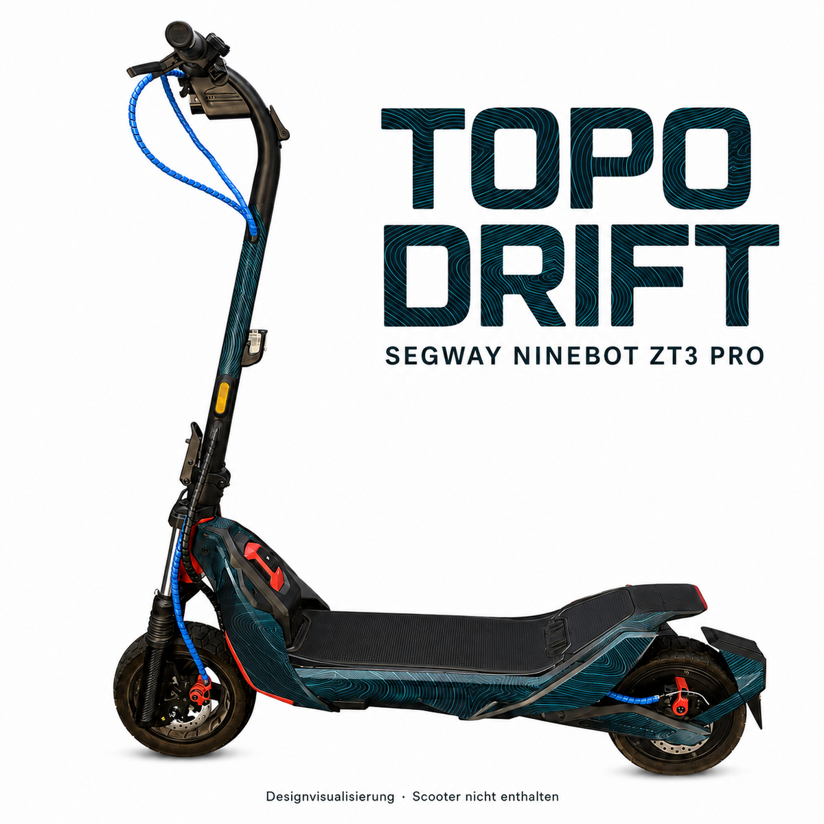TOPO DRIFT Skin mit türkisen Höhenlinien auf dunklem Petrol für Segway Ninebot ZT3 Pro – digitale Designvisualisierung; Scooter, Kabelschutz und Trittmatte nicht enthalten