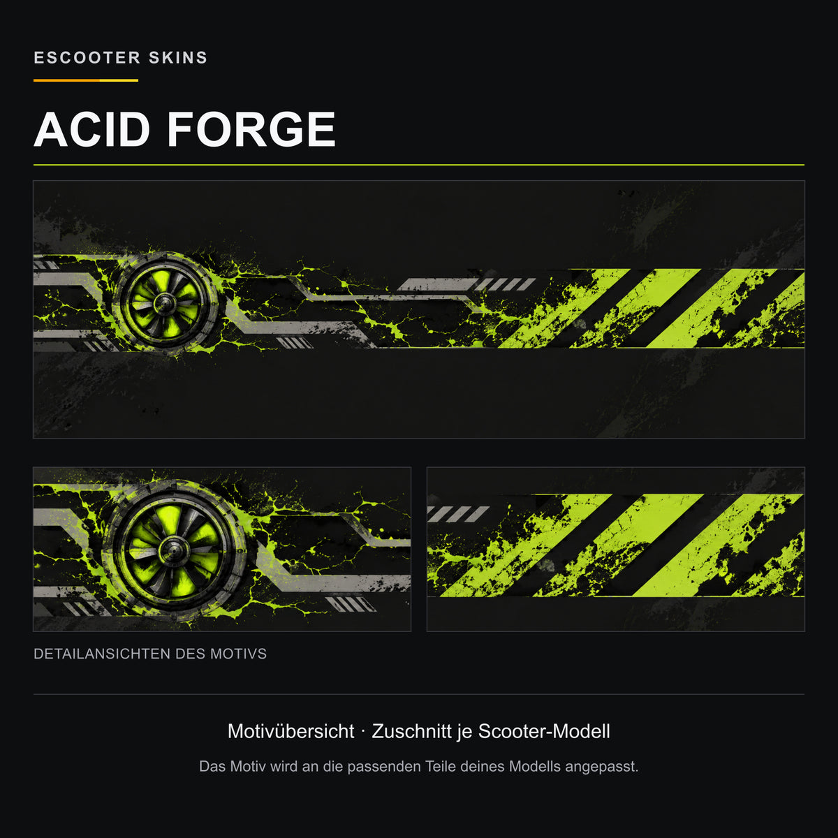 Acid Forge – Motivübersicht in Industriegrün und Anthrazit. Zuschnitt je Scooter-Modell.