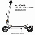 Ausom L1 – weiße Skinflächen an Lenkrohr, vorderer Schwinge mit Gabelarmen, Trittbrett-Seitenteil, hinteren Rahmenblechen, hinterem Kotflügel mit Strebe und hinterer Schwinge. Goldene Akzente, Reifen, Federn und Ständer bleiben frei; Scooter nicht enthalten.