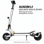 Ausom L1 – weiße Skinflächen an Lenkrohr, vorderer Schwinge mit Gabelarmen, Trittbrett-Seitenteil, hinteren Rahmenblechen, hinterem Kotflügel mit Strebe und hinterer Schwinge. Goldene Akzente, Reifen, Federn und Ständer bleiben frei; Scooter nicht enthalten.