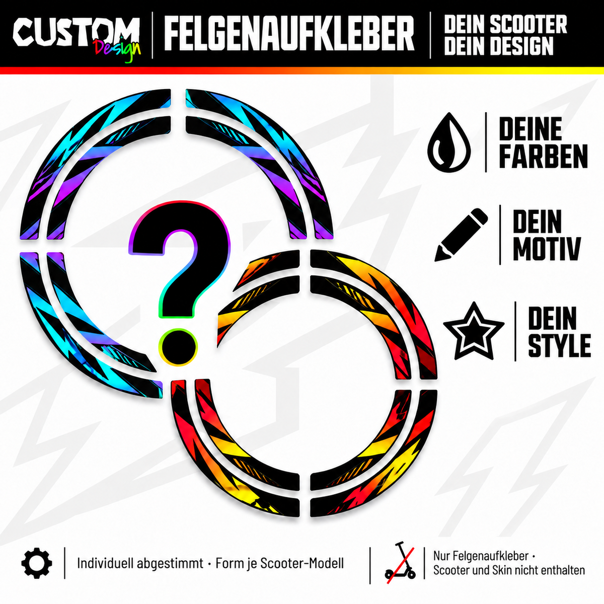 Custom-Felgenaufkleber in persönlichen Wunschfarben und Motiven – Designbeispiele